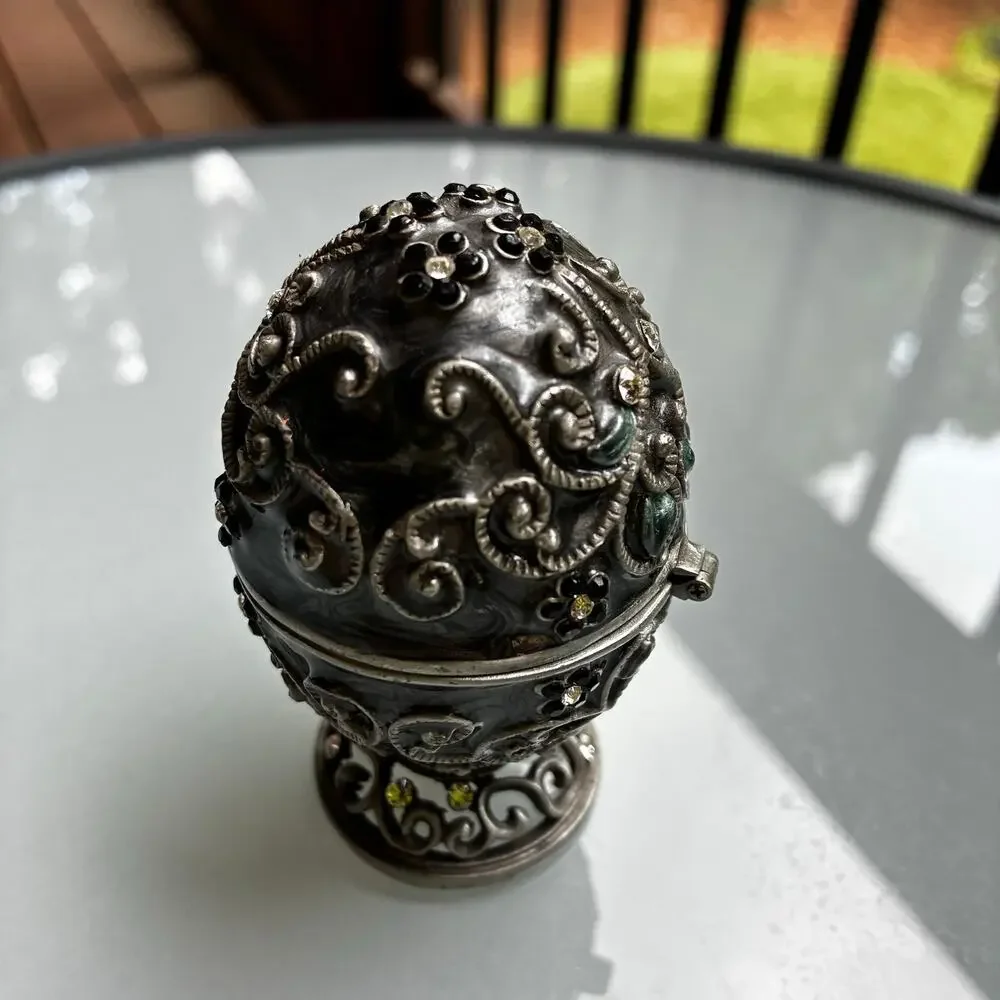 Vintage Jeweled Egg Trinket Box Hinged Pewter Rhinestone Decorative Keepsake